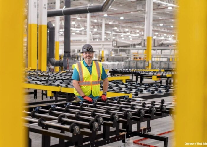 First Solar worker at the company's thin-film manufacturing facility in Alabama